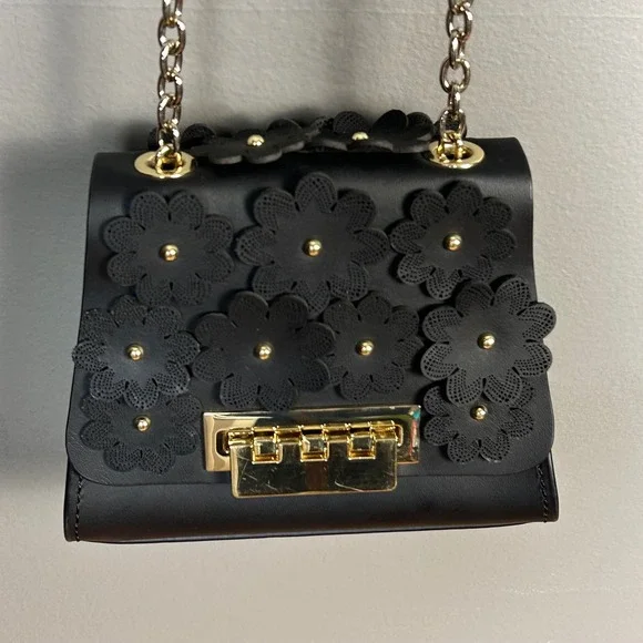 Whimsical Minimalist Zac Posen Black Eatha Mini bag Floral Chain Crossbody Y2K - Picture 10 of 15